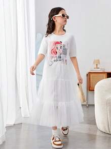 Vestido de malha contrastante com estampa de desenho animado para meninas pré-adolescentes, bainha, manga curta, decote redondo - Branco - Ver 4