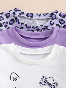 年輕女孩夏季貓咪和豹紋可愛圓領t恤短褲休閒3件裝 - 彩色 - 查看 7