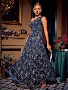 Glamaker Ladies' One Shoulder Full Body Printed Dress - Navy Blue - View 6