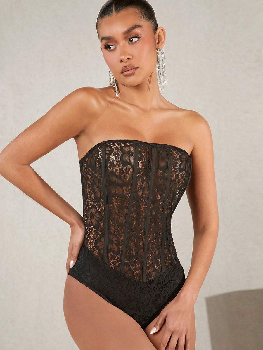 Hauture 女性蕾絲無肩帶連體衣 - 黑色 - 查看 1