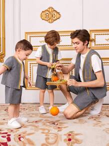 SHEIN 青少年男生金色緞帶馬甲和短褲套裝