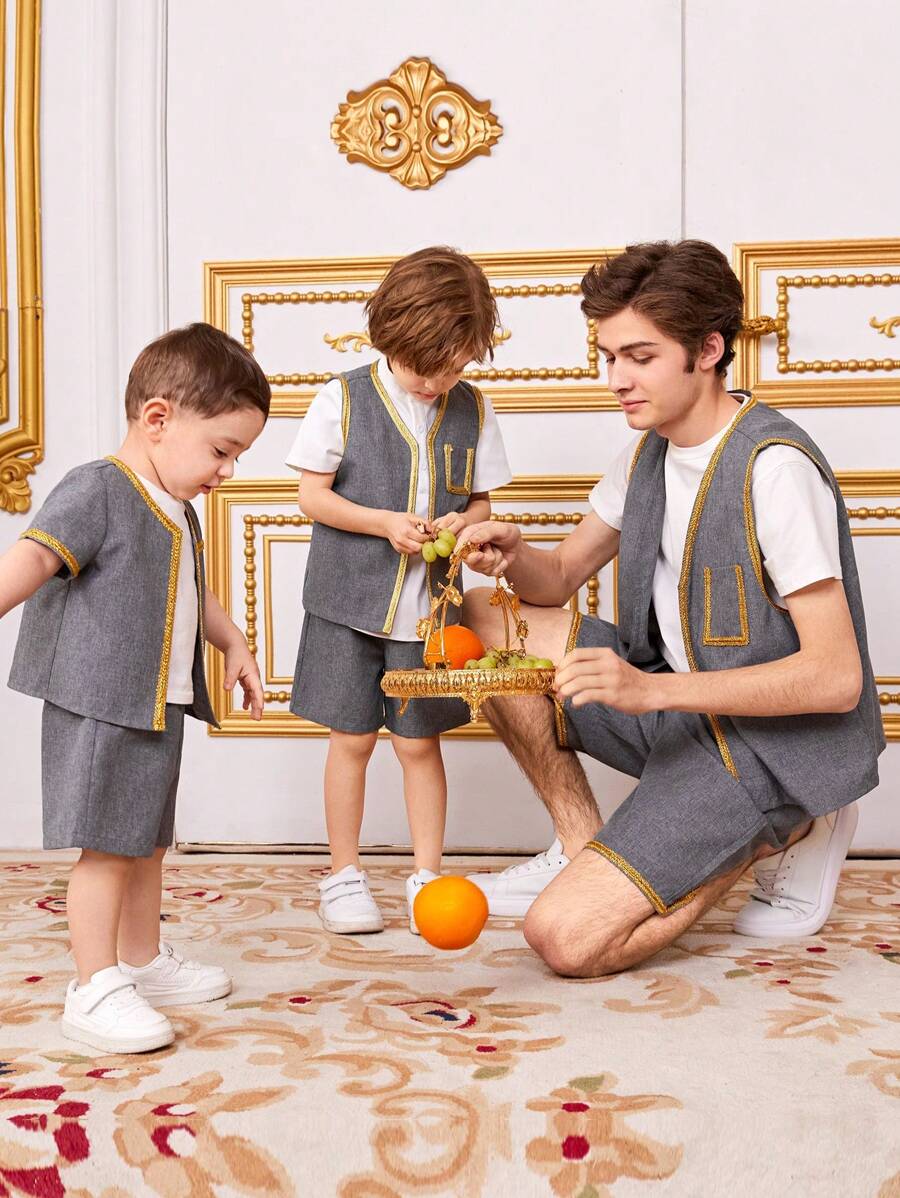 SHEIN 青少年男生金色緞帶馬甲和短褲套裝