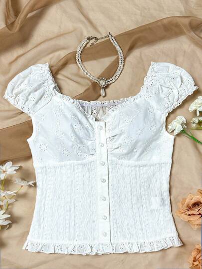 Soleia Solid Color Hollow Out Embroidered Shirt,Short Sleeve Tops