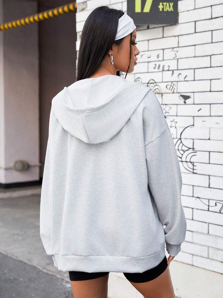 Hooded Sports Jacket With Front Zipper And Slogan Print