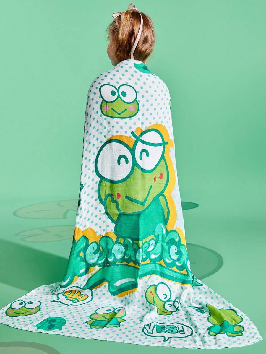 HELLO KITTY AND FRIENDS | SHEIN Selimut Bayi Dua Lapis Lembut & Bernapas dari Serat Bambu dengan Motif Katak Lucu, Kain Bedong Serbaguna - Hijau - View 1