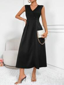 SHEIN Frenchy Solid Color V-Neck Double Breasted Sleeveless Dress - Black - View 5
