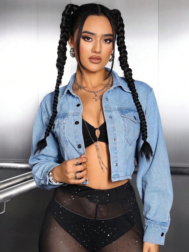 Women's Backless Denim Shirt With Chain Decoration