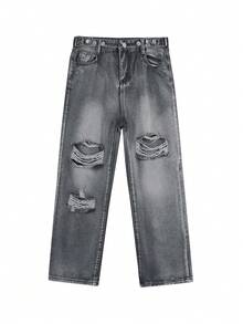 女性休閒水洗直筒牛仔褲帶有破洞口袋 - 灰色 - 查看 4