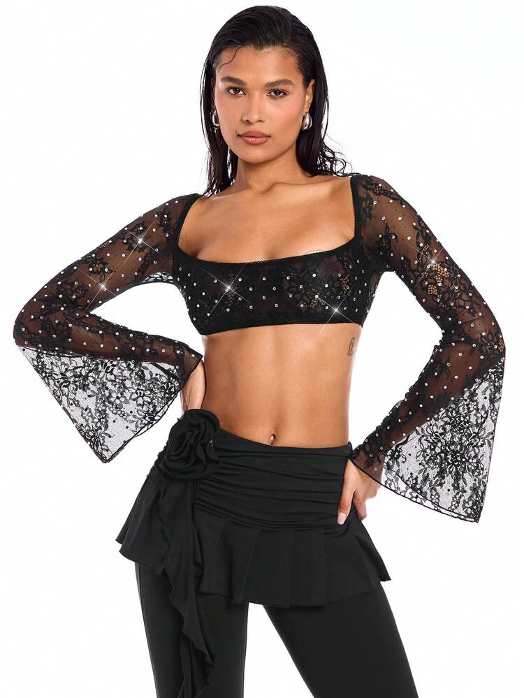 Women's Lace Super Flare Sleeve Cropped Top With Rhinestone Embellishment