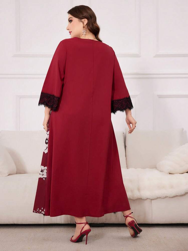 Plus Size Arab Flower Print Lace Hem Patchwork Dress With Lace Sleeve Cuffs