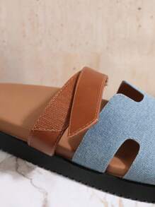 SHUZIA Women's Luxury-Inspired Hook And Loop Strap Cutout Round Toe Soft Footbed Flatform PU Tan Denim Slide Sandals – Comfort & Versatile Summer Shoes Spring Shoes Spring Break Easter Vacation Shoes Casual Shoes Beach Shoes Mother's Day Present