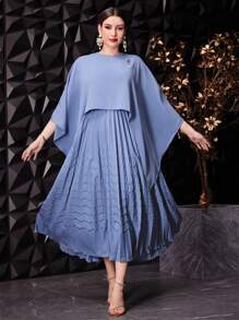 Modelyn Women's Metallic Decor Batwing Sleeve Dress,Elegant Evening Party Dress - Dusty Blue - View 5