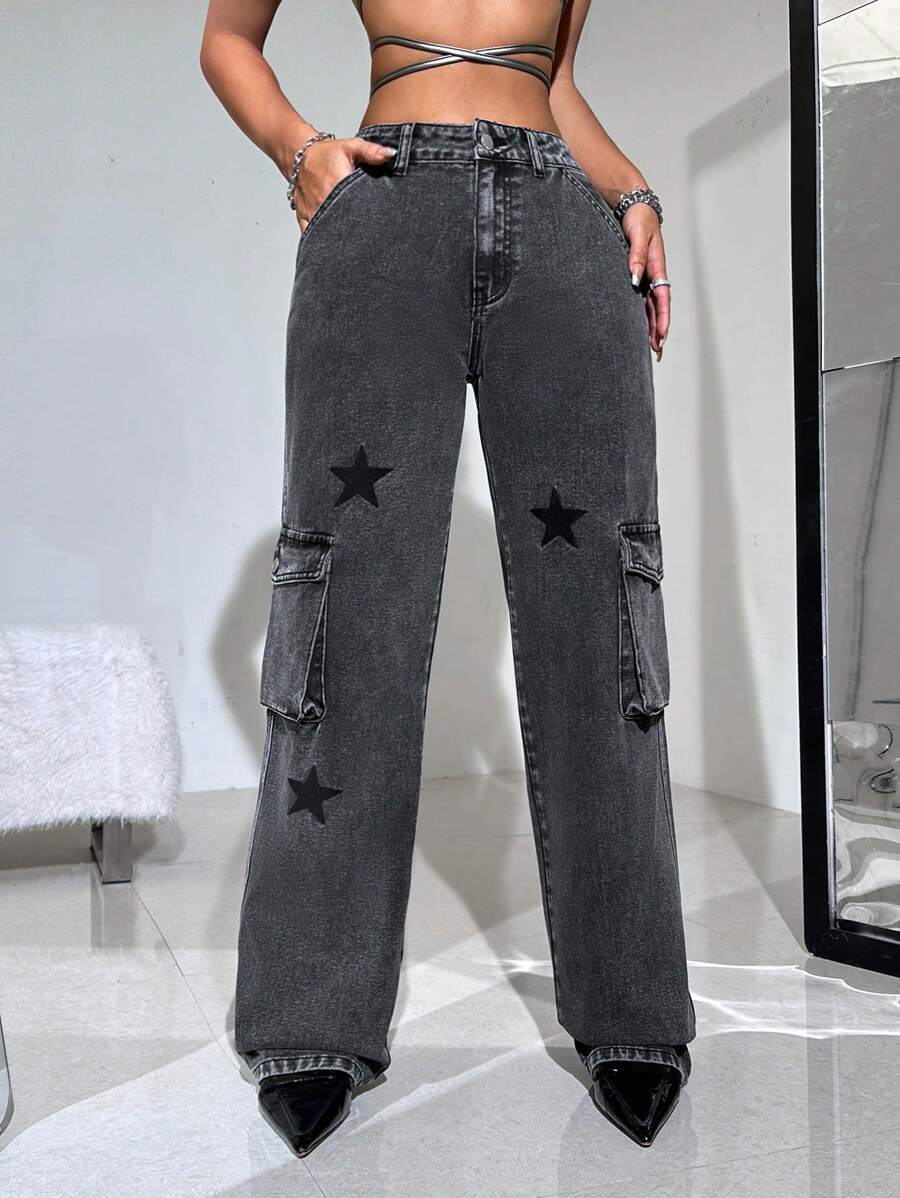 SHEIN ICON Women's Casual Low Waist Star Printed Utility Straight Leg Jeans - Black - View 1