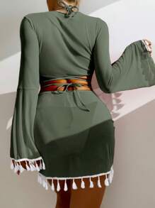 SHEIN Swim 4入組純色十字結紮比基尼套裝,帶有流蘇遮陽罩套裝 - 軍綠色 - 查看 2