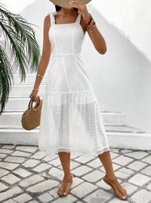 SHEIN LUNE Ladies Solid Color Hollow Out Embroidery Straps Dress - White - View 3