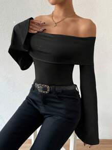 SHEIN LUNE Của phụ nữ Màu thuần Off-shoulder Tay áo loe Áo thun - màu đen - Xem 7