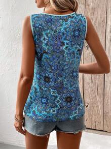 EMERY ROSE Sleeveless V-Neck Tank Top For Summer With All Over Print And Cutout Detail Graphic Tees Women Tops - Blue - View 2