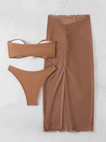 SHEIN Swim 3pcs/Set Strapless Bikini Set With 3d Flower Decor + High Slit Skirted Swimwear Bottom - Coffee Brown - View 2
