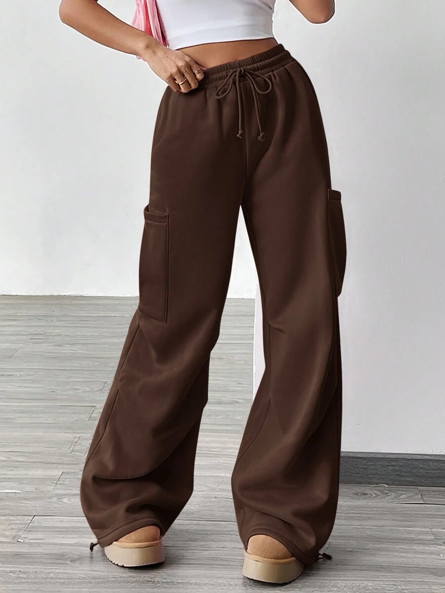 SHEIN EZwear Loose Fit Sweatpants With Side Pockets - Coffee Brown - View 1