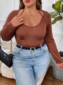 SHEIN CURVE+ Plus Size Solid Color Fishbone Print Compression Long Sleeve T-Shirt