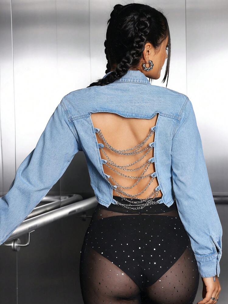 Women's Backless Denim Shirt With Chain Decoration