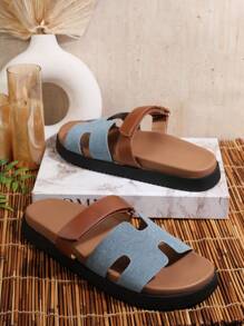 SHUZIA Women's Luxury-Inspired Hook And Loop Strap Cutout Round Toe Soft Footbed Flatform PU Tan Denim Slide Sandals – Comfort & Versatile Summer Shoes Spring Shoes Spring Break Easter Vacation Shoes Casual Shoes Beach Shoes Mother's Day Present