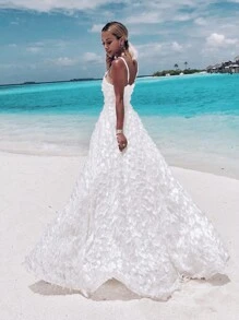 Vestido de unicolor elegante con tirantes de espagueti, adecuado para vacaciones - Blanco - Ver 4