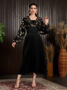 Modelyn Vestido De Manga Murciélago Para Mujer Con Estampado Floral Y Parches - Negro - Ver 7