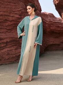 Al Najma Color Block Rhinestone Decorated Knitted Ribbon Splice Hoodie Modest Dress Elegant Luxury Long Sleeve - Multicolor - View 1