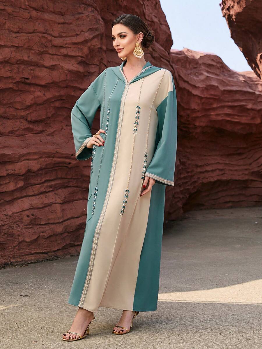 Al Najma Đầm Hoodie đính đá trang trí khối màu đính ruy băng đan kiểu dáng kín đáo thanh lịch sang trọng dài tay - Nhiều màu - Xem 1