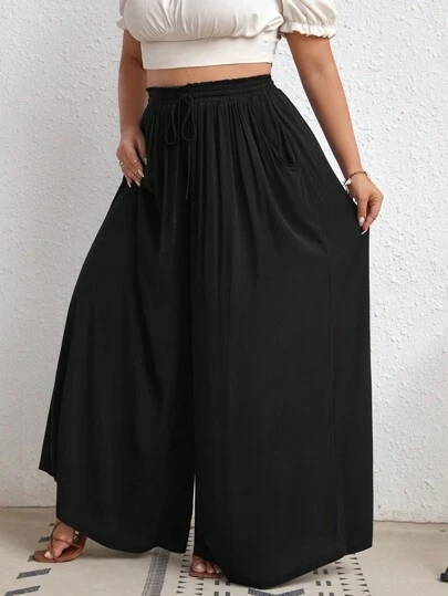 SHEIN CURVE+ Plus Size High Waisted Wide Leg Pants With Waistband, Side Pockets, Ribbed Fabric, Black Color, Suitable For Vacation, Elegant Casual Occasions, Basic Match, Summer, Beach Holiday, Boho Festival Boho Vacation
