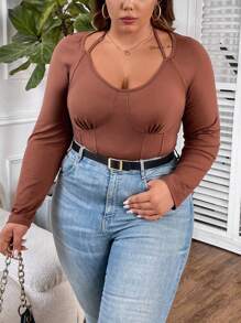 SHEIN CURVE+ Plus Size Solid Color Fishbone Print Compression Long Sleeve T-Shirt