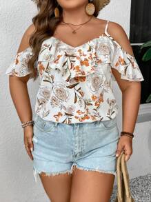 SHEIN Frenchy Plus Size Hollow Out Shoulder Ruffle Hem Summer Blouse Music Festival Country Concert Tops - Multicolor - View 3