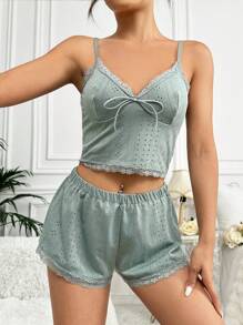 Conjunto De Pijama De Camisola Y Pantalones Cortos Para Dormir Con Inserción De Encaje Para Mujer - Verde - Ver 2