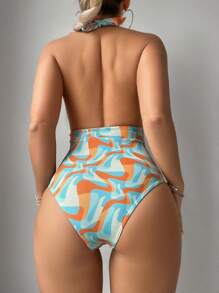 SHEIN Swim Summer Women'S Full-Print Halter One-Piece Swimsuit, Random Print - Multicolor - View 3
