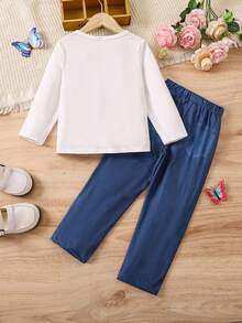 SHEIN 2 件套年轻女孩休闲蝴蝶印花 T 恤和牛仔效果裤套装，适合春秋季 - 彩色 - 查看 2