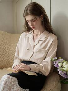 Simple Retro Của phụ nữ Màu thuần Đôi ngực Túi Giải trí Áo sơ mi - Màu Khaki - Xem 1