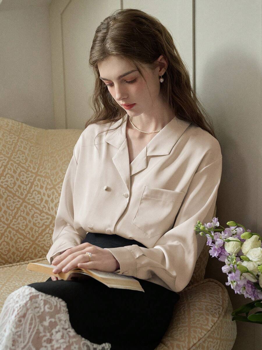 Simple Retro Của phụ nữ Màu thuần Đôi ngực Túi Giải trí Áo sơ mi - Màu Khaki - Xem 1