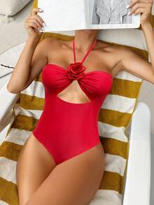SHEIN Swim Quý cô 3D Hoa Đồ trang trí Xu hướng: Cắt giảm Dây Áo tắm một mảnh - Đỏ - Xem 4