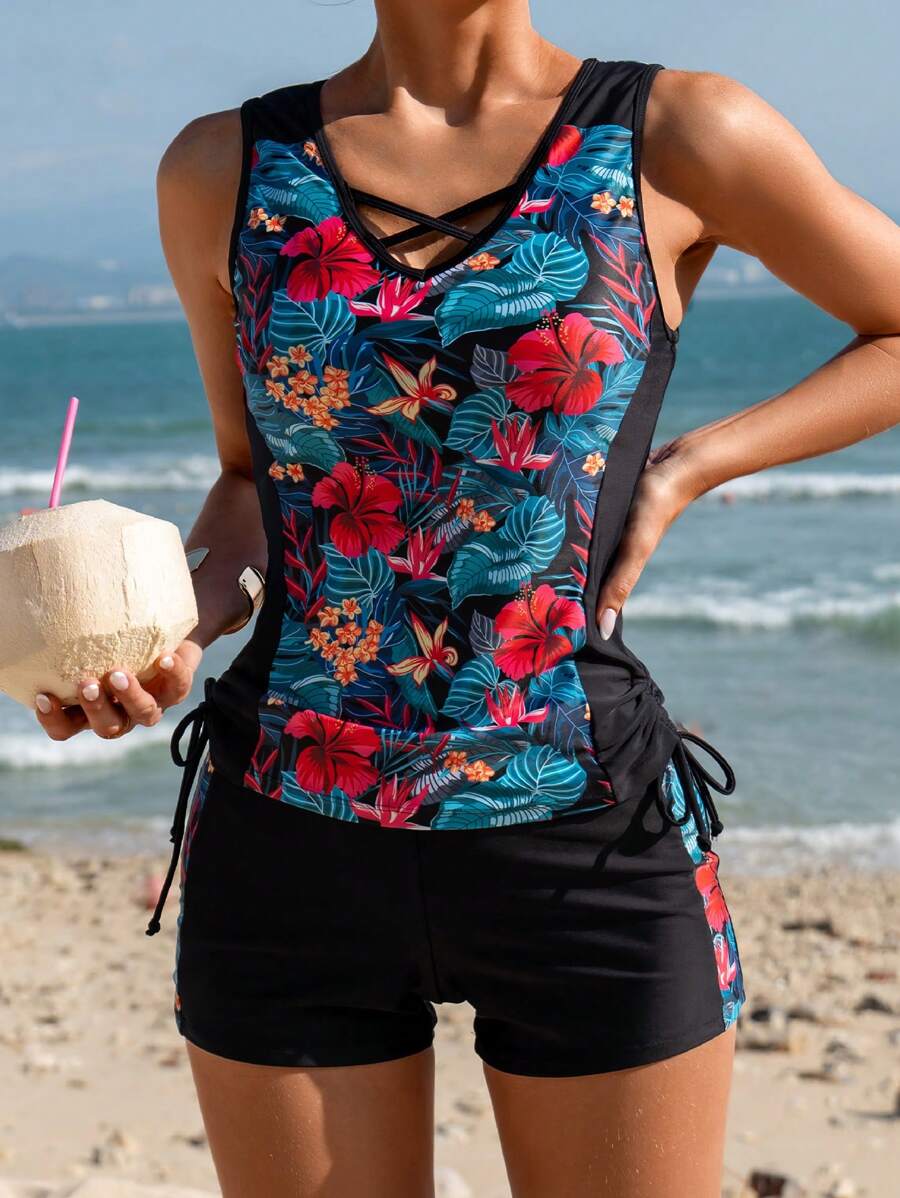 Swim Lushoire Ladies' Tropical Print Patchwork Bikini Set - Multicolor - View 1