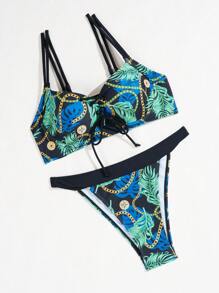 SHEIN Swim 女士热带植物链条印花比基尼套装，两件套比基尼套装夏季海滩