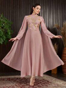 Modelyn Women's Embroidered Patchwork Cape Sleeve Dress - Pink - View 3