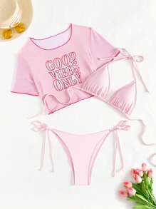 Swim Mod Summer Beach Ladies' Letter Printed Bikini Set With Solid Bikini Set And Cover-Up Set - Pink - View 5