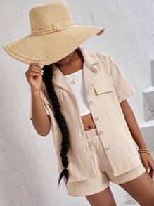 SHEIN NovaGlow Tween Girl Tween Girl 翻领细节落肩袖衬衫 + 针织背心上衣 + 松紧腰短裤套装，适合度假 - 杏色 - 查看 4