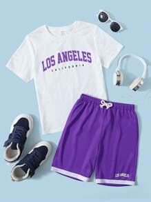SHEIN 少年男孩休閒舒適白色短袖圓領上衣+拼色褲子2件裝 - 紫色 - 查看 1