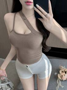 DAZY Women's Solid Color Oblique Shoulder Halter Knitted Top - Khaki - View 4