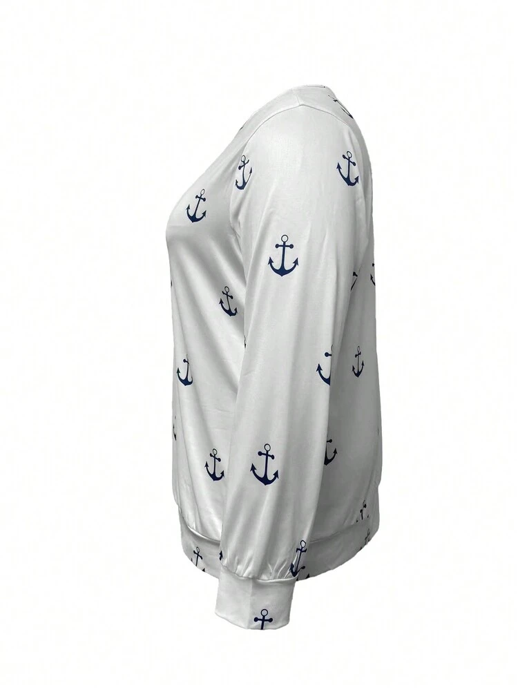 Plus Size Anchor Print Round Neck Sweatshirt Pullover Fall