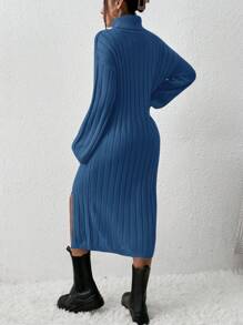EURMUSE High Neck Drop Shoulder Long Sleeve Sweater Dress With Split Hem, Without A Belt - Navy Blue - View 2