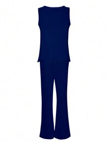 Plus Size Sleeveless Top And Wide Leg Pants 2 Pieces Set - Blue - View 2