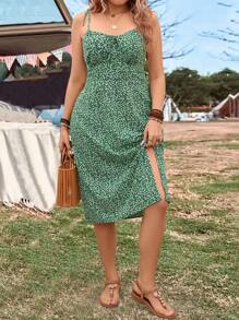 Breezaya Plus Size Women's Floral Print Spaghetti Strap Dress - Green - View 3